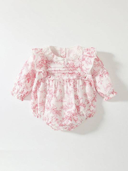 Spring Arrival Baby Girls Flowers Pattern Lace-Trim Collar Onesies Bodysuits-1