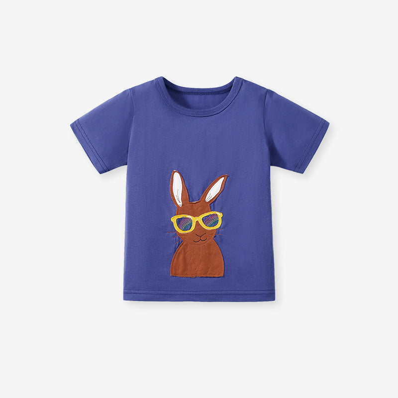 Kids’ Rabbits Cartoon Pattern Short Sleeves T-shirt in European and American Style for Summer-0
